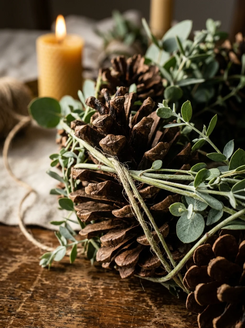 Eucalyptus and Pinecones Bring Texture Where Flowers Fall Short