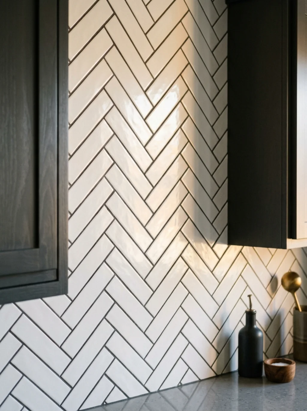Herringbone Tile Backsplash That Transforms a Dark Kitchen Into a Visual Event