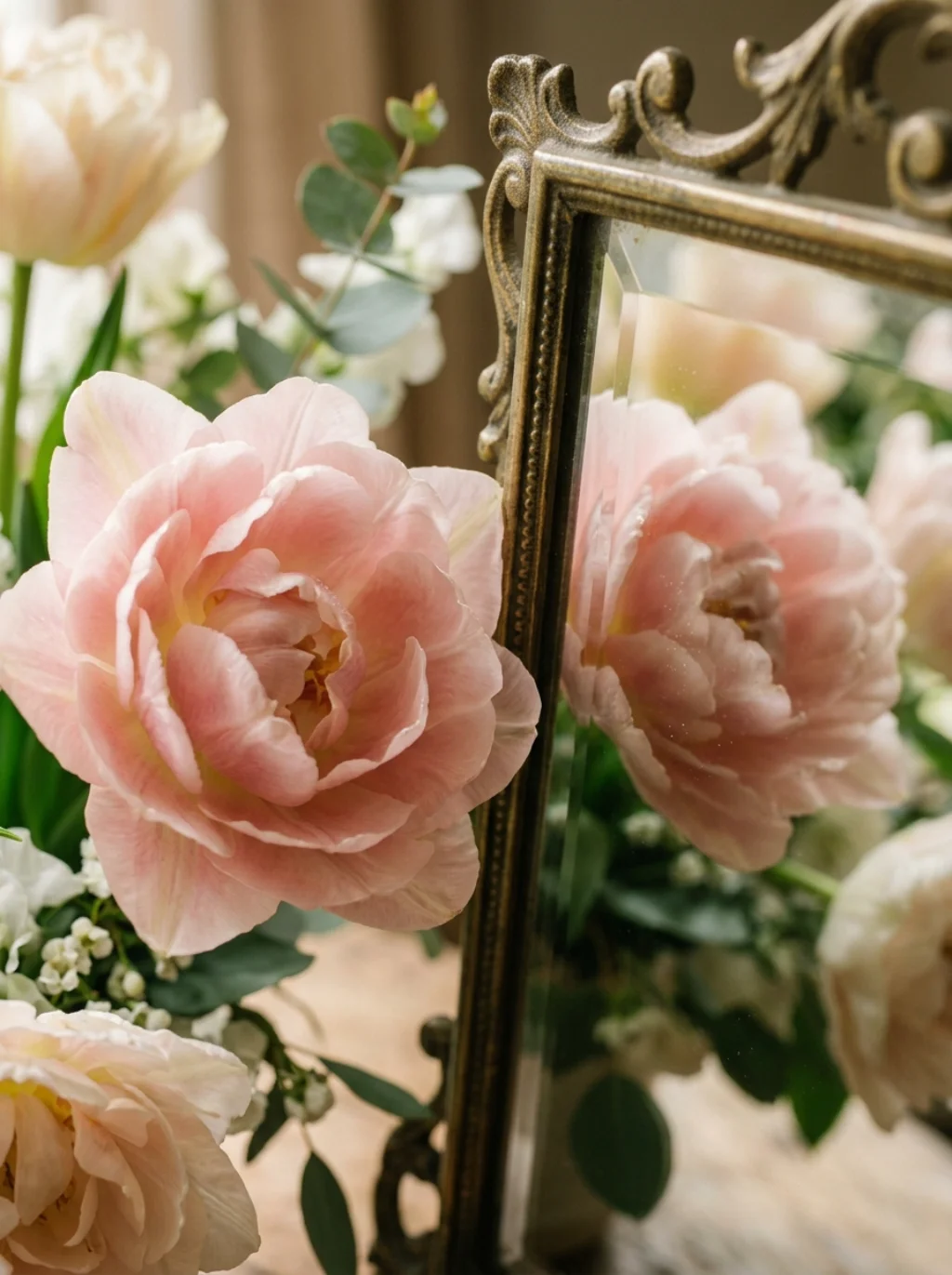 Tulip Arrangements Beneath A Mirror Double The Room's Sense Of Bloom