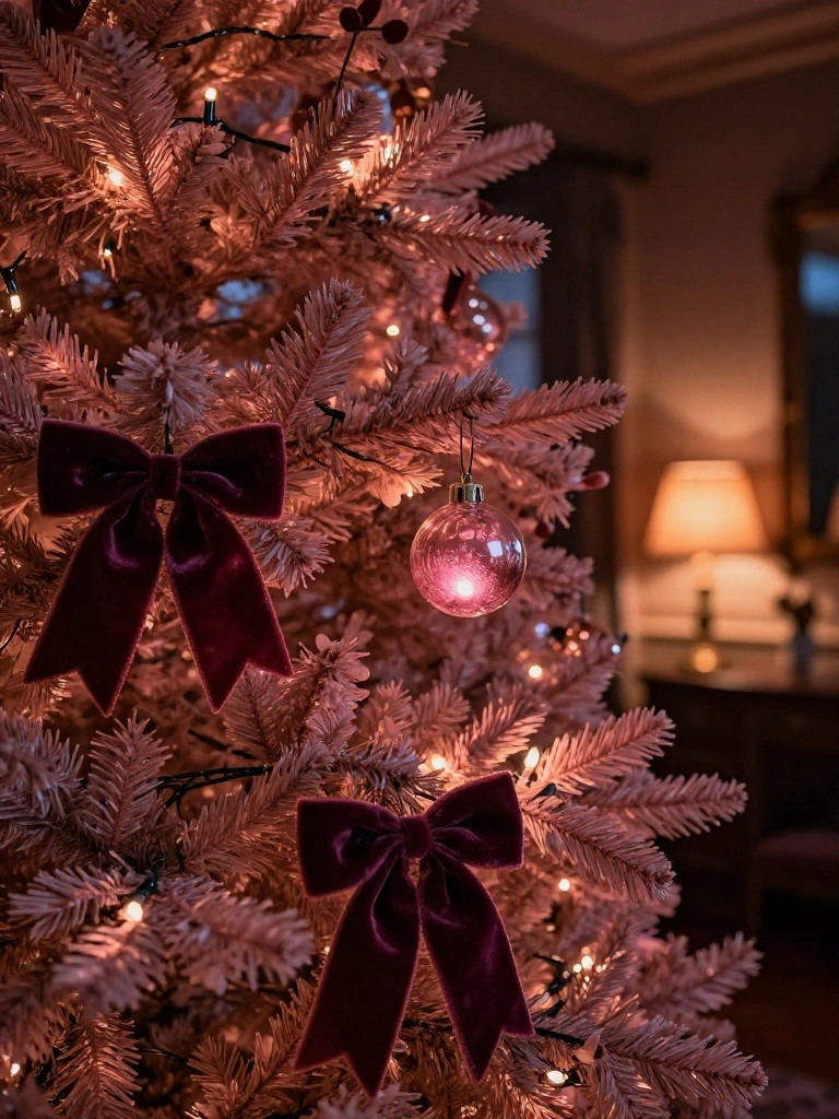 Dusty Rose Christmas Trees With Velvet Bows and Moody Winter Magic