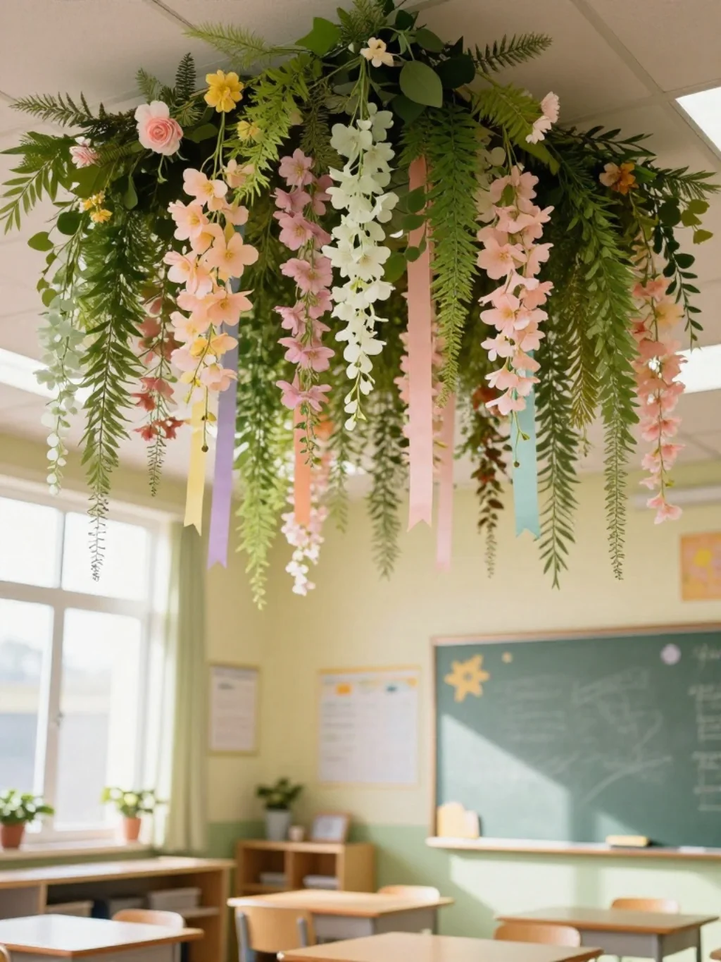6. Floral Garland Ceiling Hanging Classroom Decor