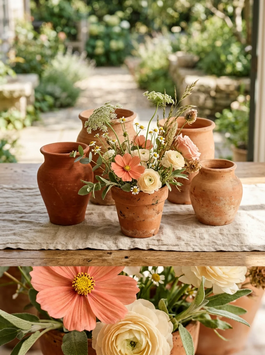 Terracotta Vessels Filled With Wildflowers Whisper Old World Charm