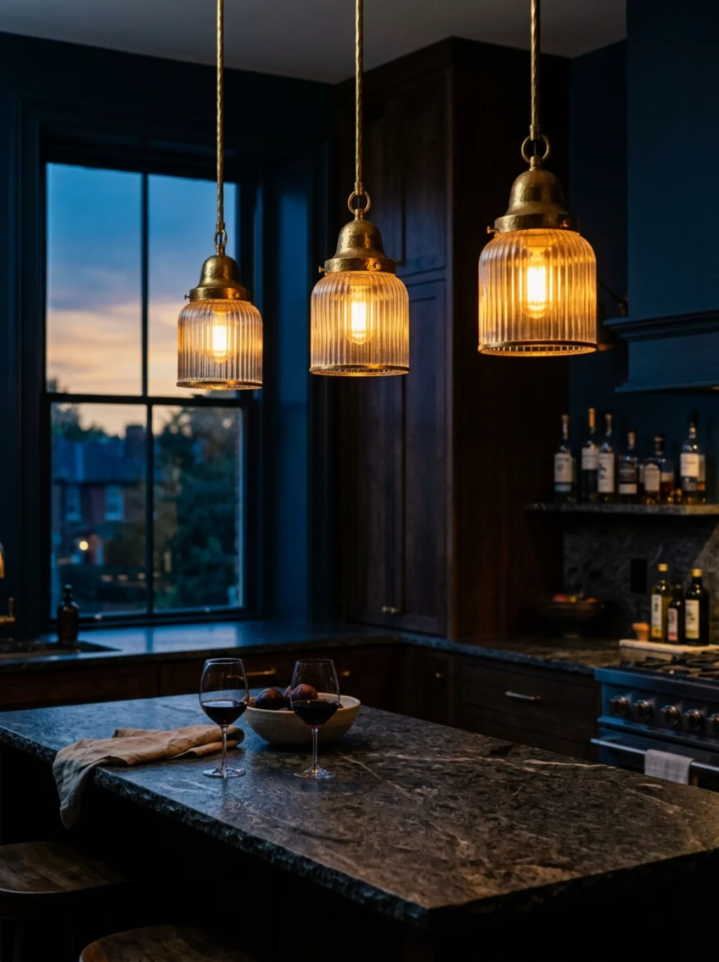 Pendant Lighting Drips Warm Gold Across Every Curve of the Counter