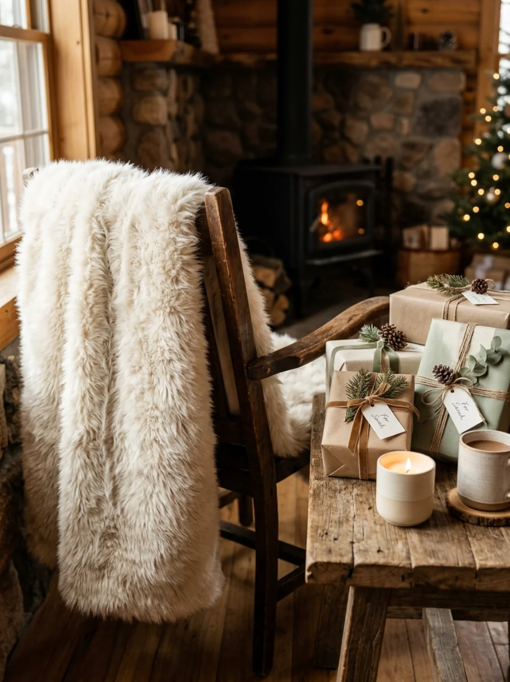 Fur Throw Blankets Turn a Party Table Into a Cozy Cabin