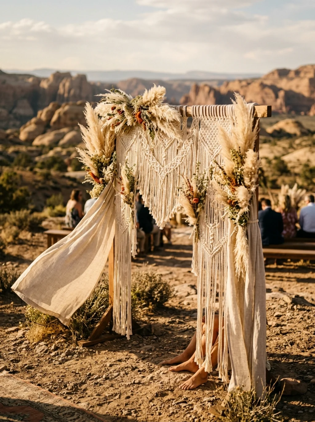 The Boho Arch — Macrame Ribbons Wildflowers and Barefoot Ceremony Vibes