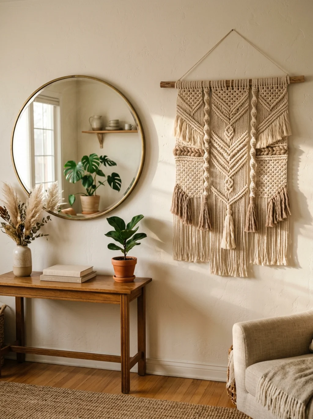 Woven Wall Hangings Beside A Mirror Layer Texture Without Any Clutter