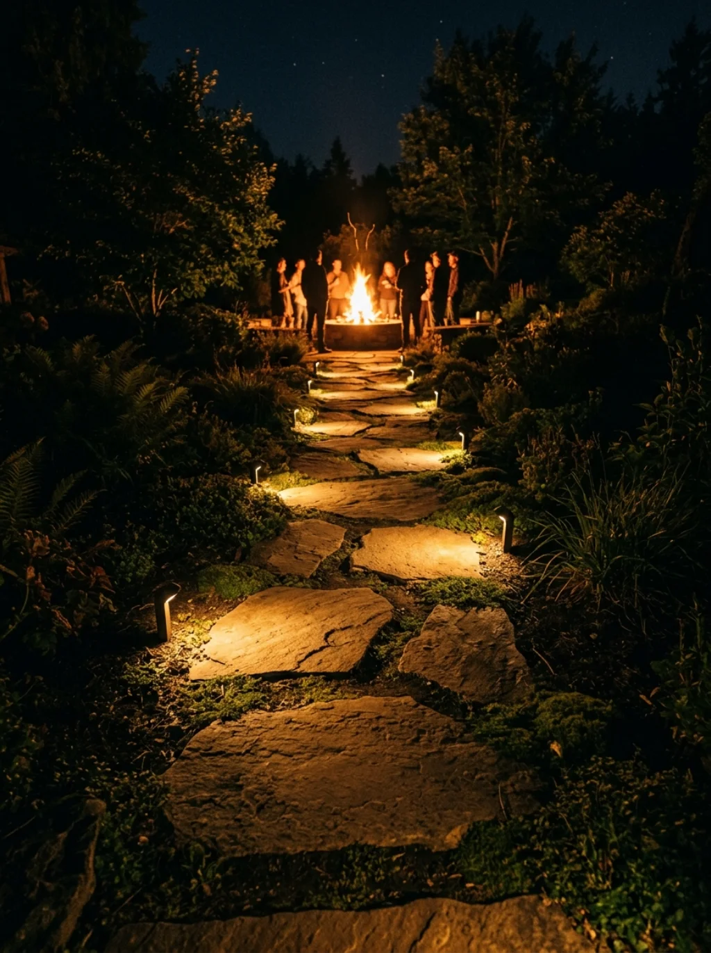 Flagstone Paths and Stepping Stones That Lead Guests Toward the Flame