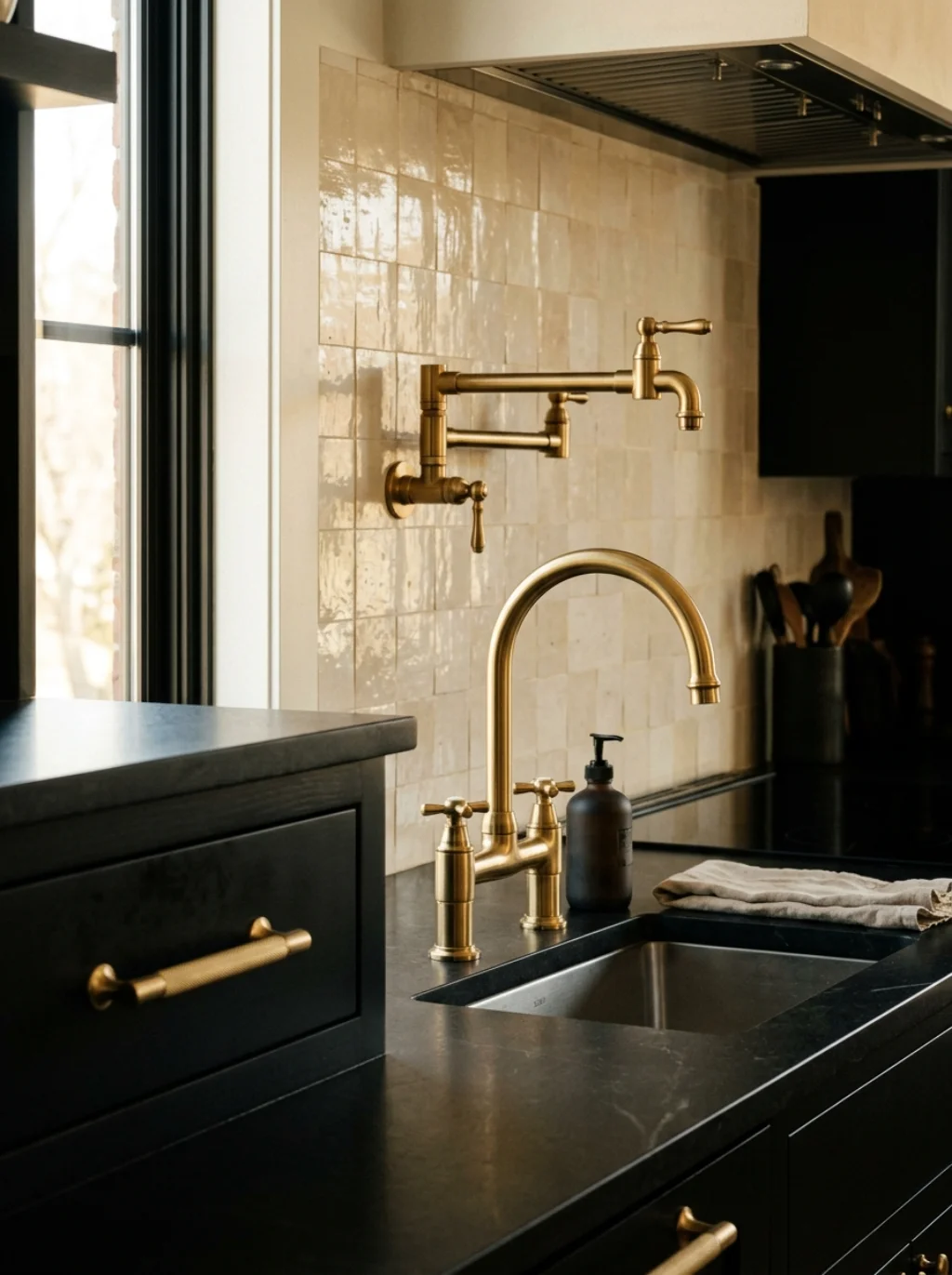 Gold Brass and Bronze Hardware Coordinated With Dark Cabinet Backsplash Choices