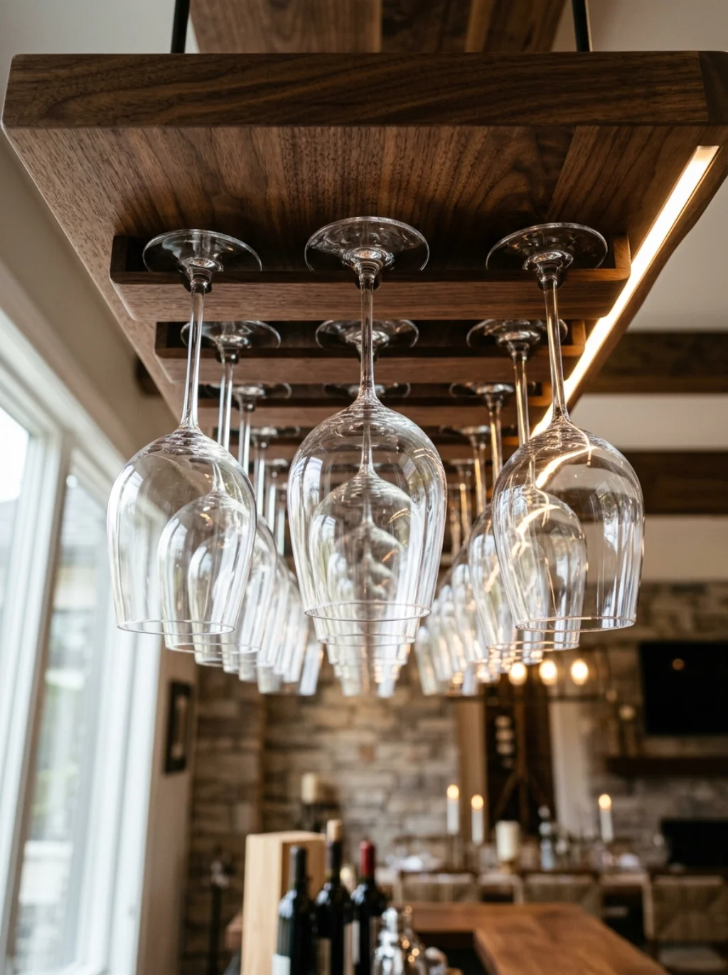 Wine Glasses Hung Upside Down Save Space and Steal Attention