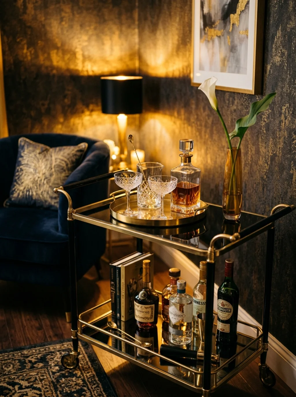 A Bar Cart Adds Unexpected Glamour to an Overlooked Space