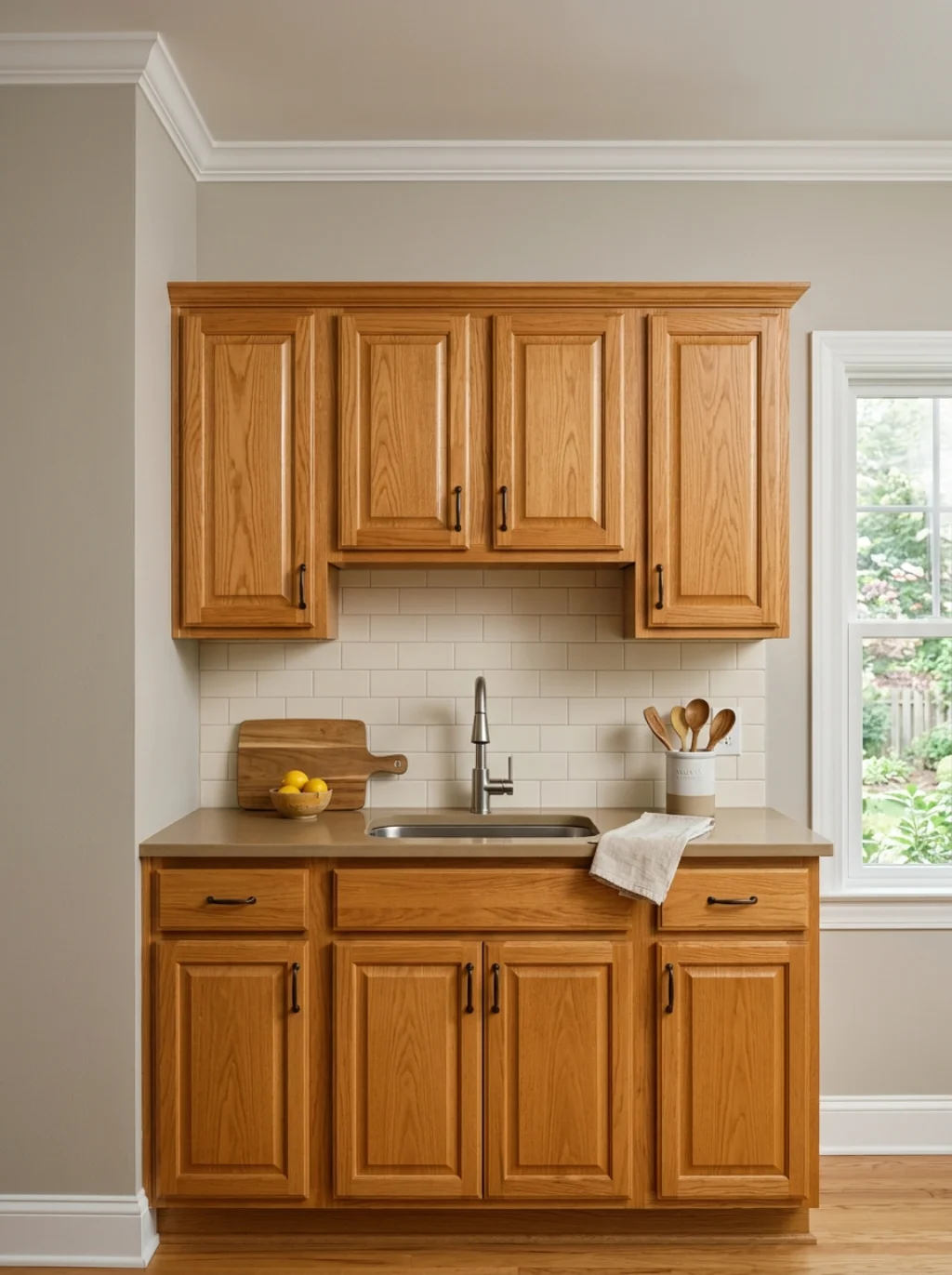 Greige Walls Solve the Eternal Oak Cabinet Color Dilemma