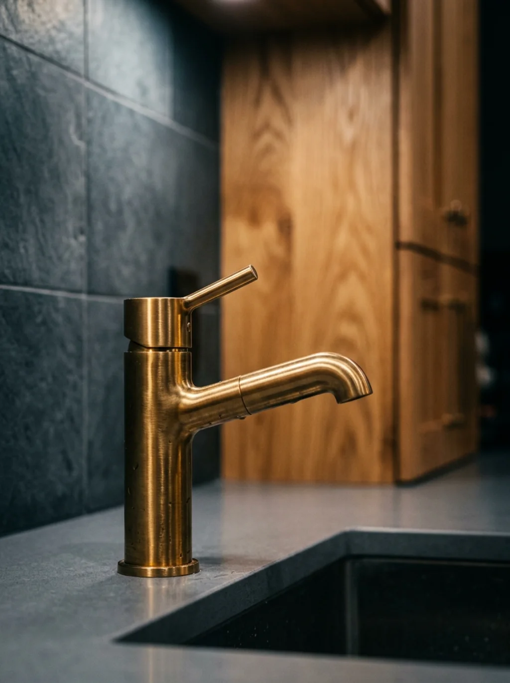 Brass Fixtures Warm Up Cool Color Schemes Around Oak Cabinets