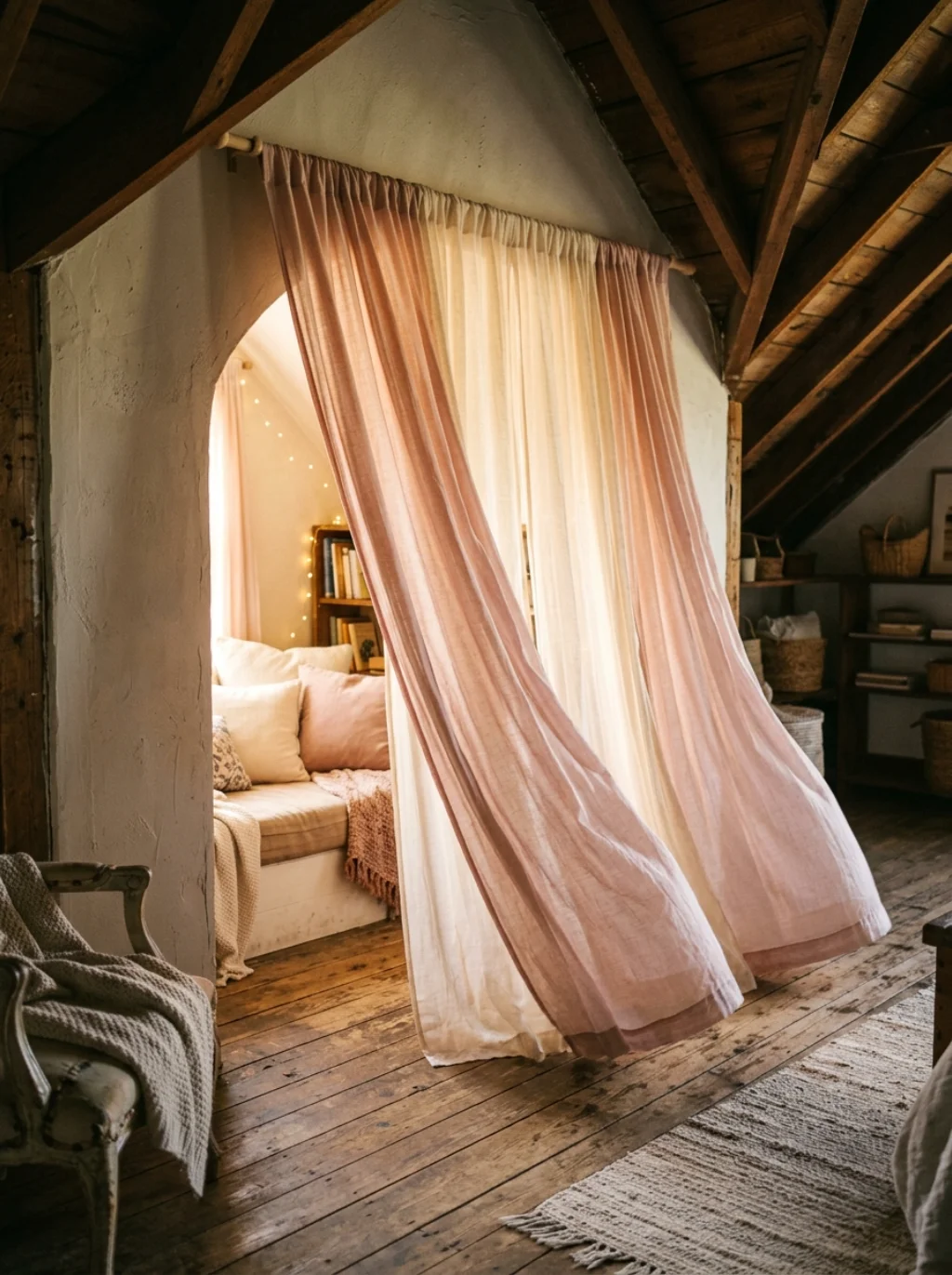 Curtains Replace Doors For A Softer Private Retreat Feel
