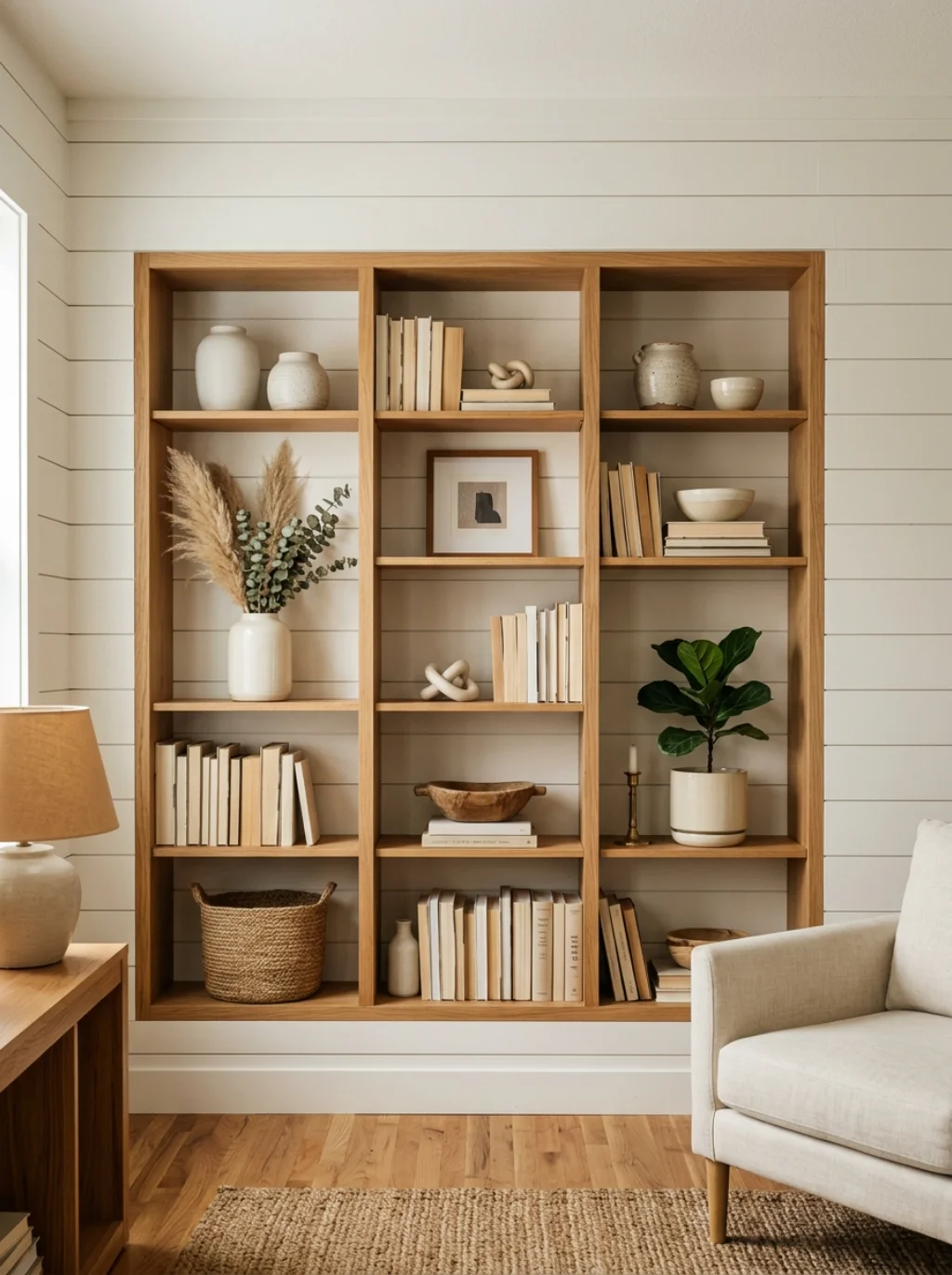 Built In Shelving Blends Seamlessly Into A Planked Backdrop