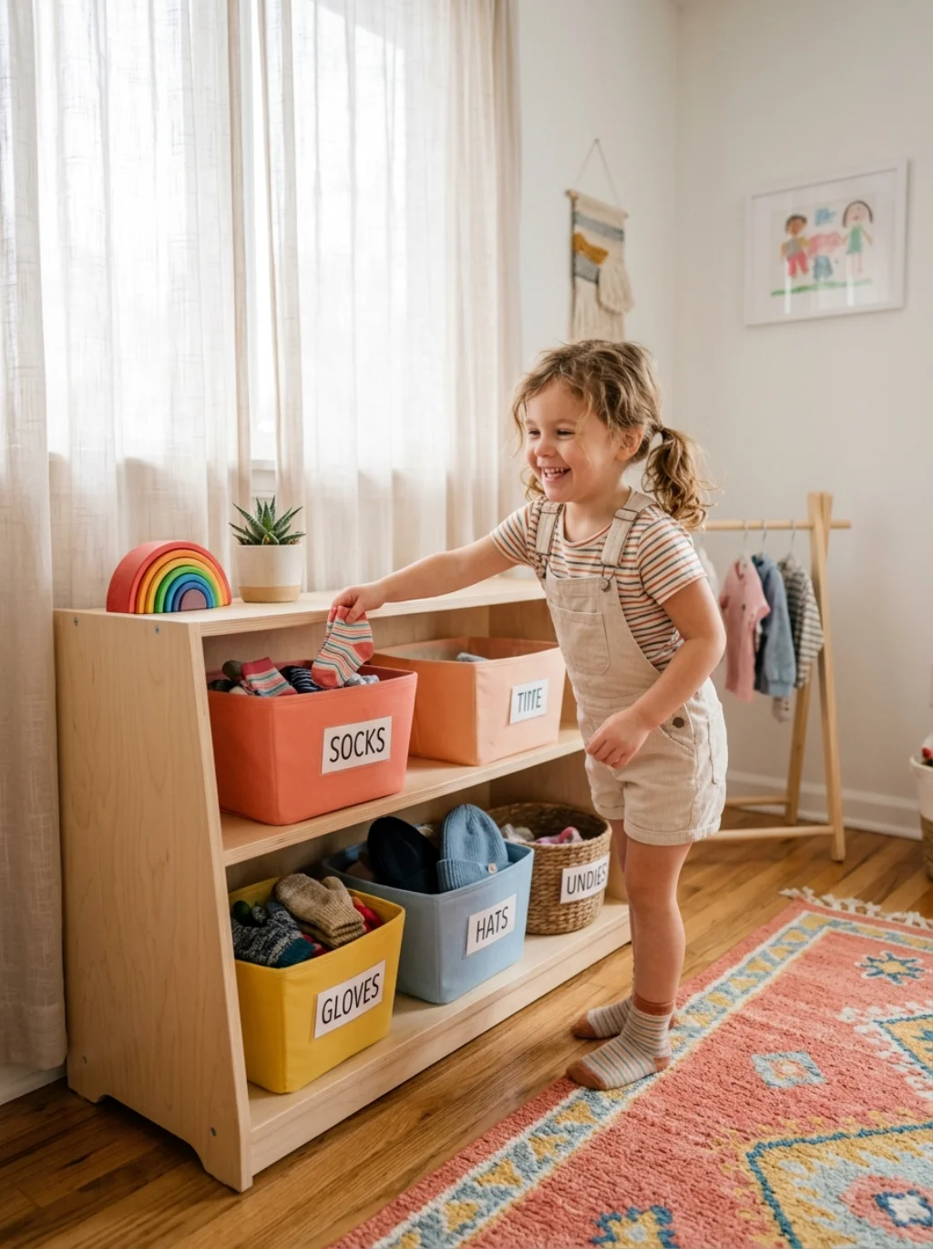 Kids' Laundry Corners Stay Organized With Shelves They Can Actually Reach