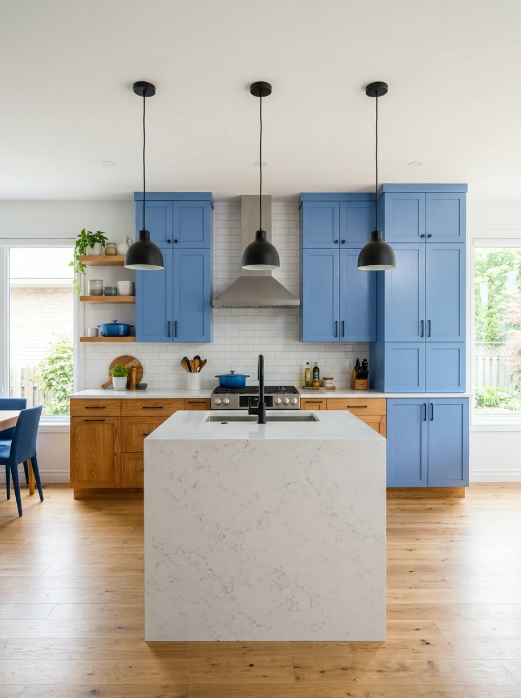 Cool Blue Tones Create Striking Contrast Against Warm Oak