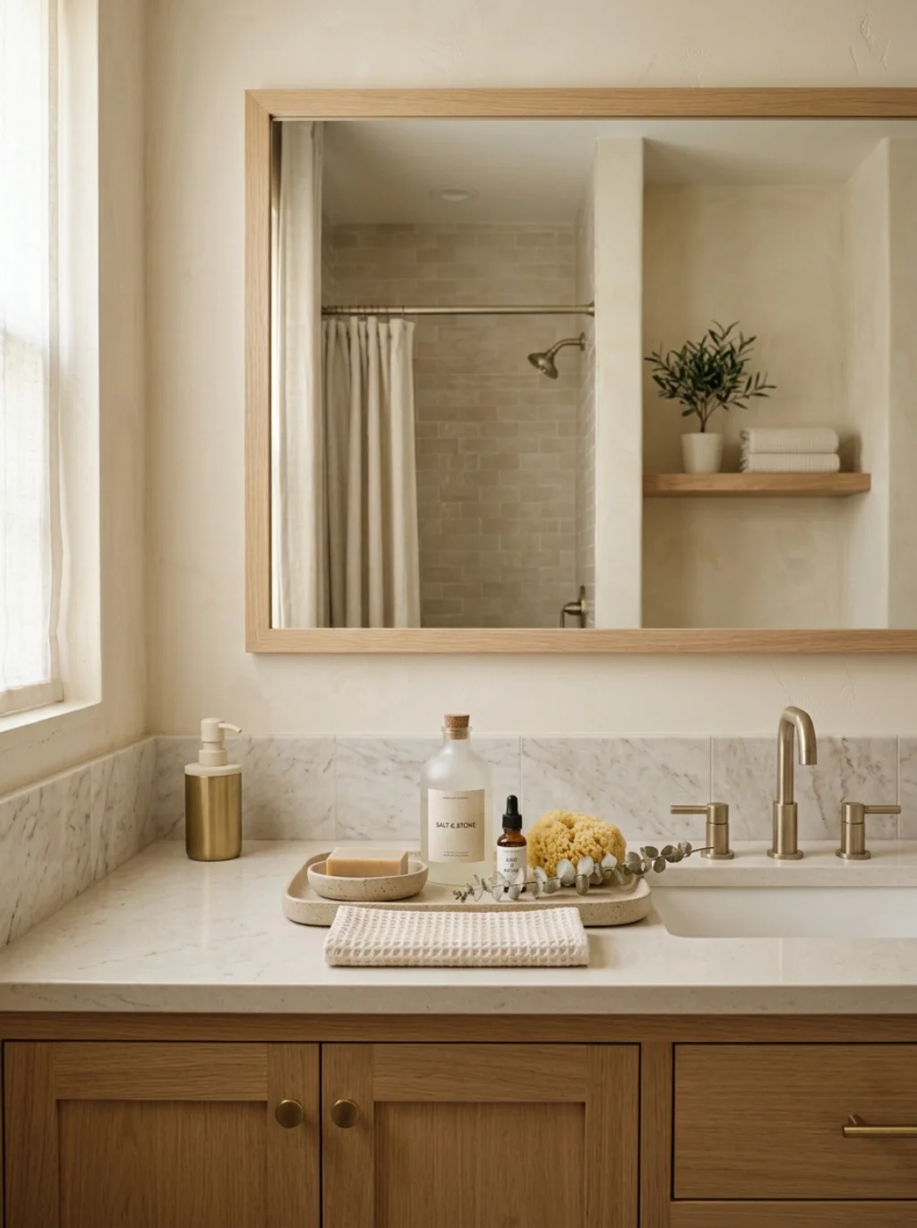Neutral Palettes Make Bathroom Tray Styling Feel Effortless and Calm