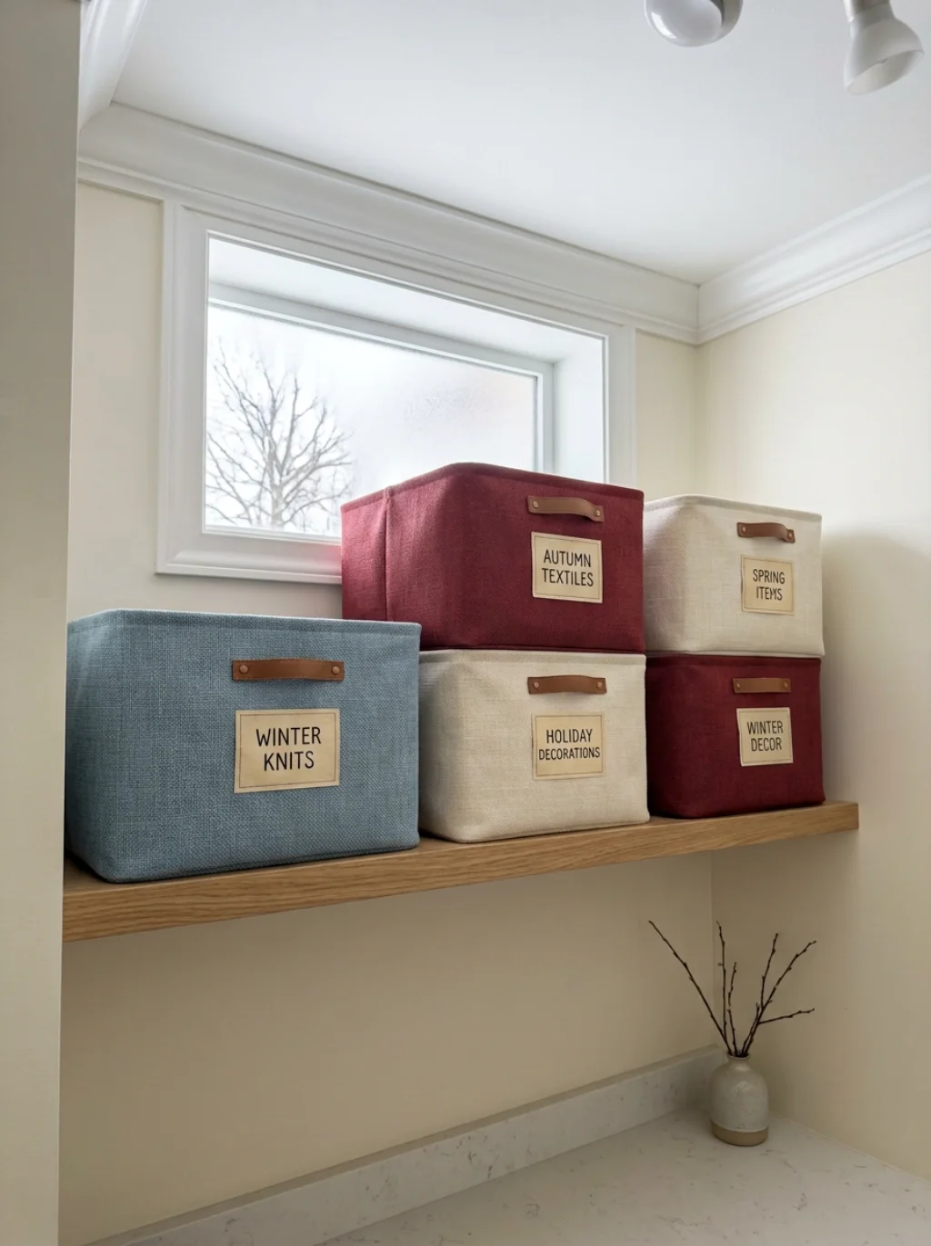 Seasonal Bins on a High Shelf Free Up Your Entire Laundry Counter