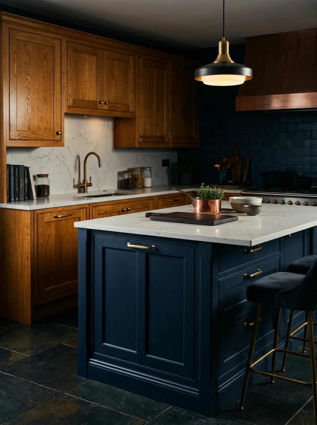 Navy Blue Accents Bring Unexpected Drama to Oak Cabinetry