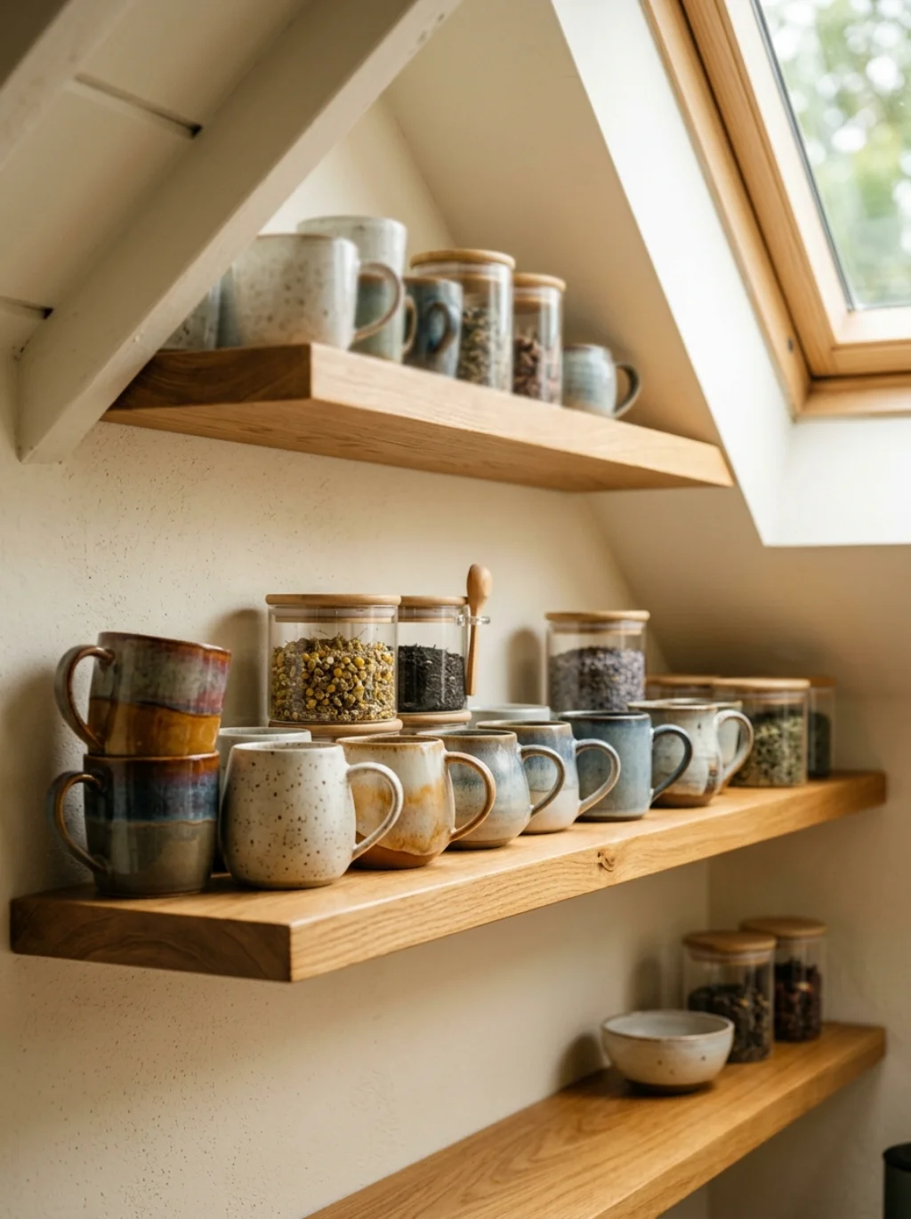 Wall Mounted Shelves Turn Sloped Ceilings Into Design Advantages