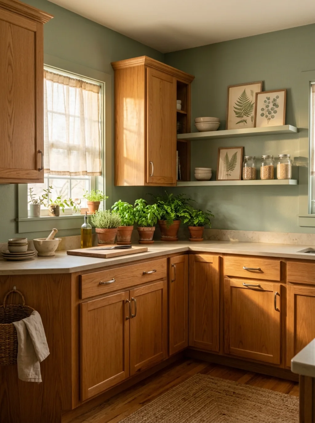 Sage Green Walls Soften Honey Oak Without Losing Character