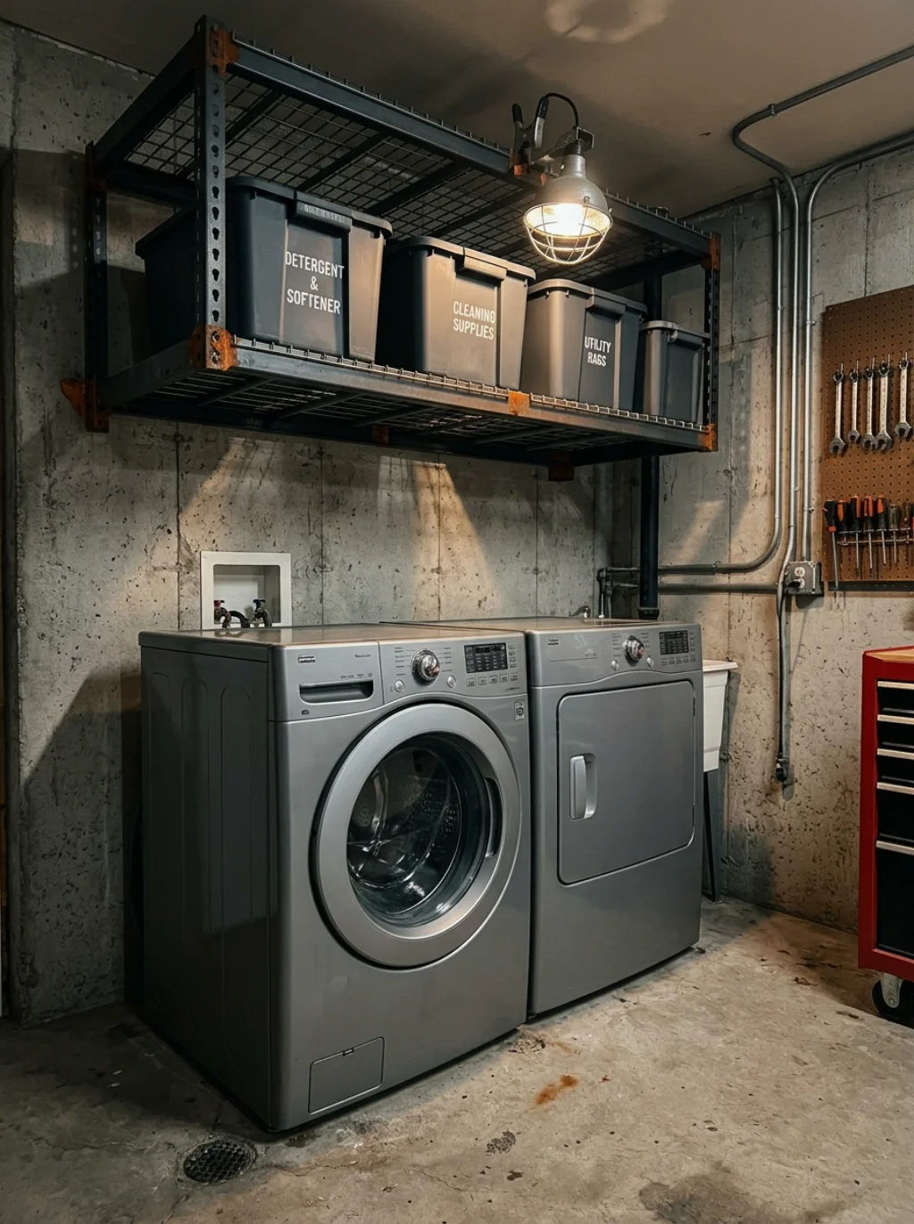 Garage Laundry Corners Become Functional With One Overhead Shelf Trick