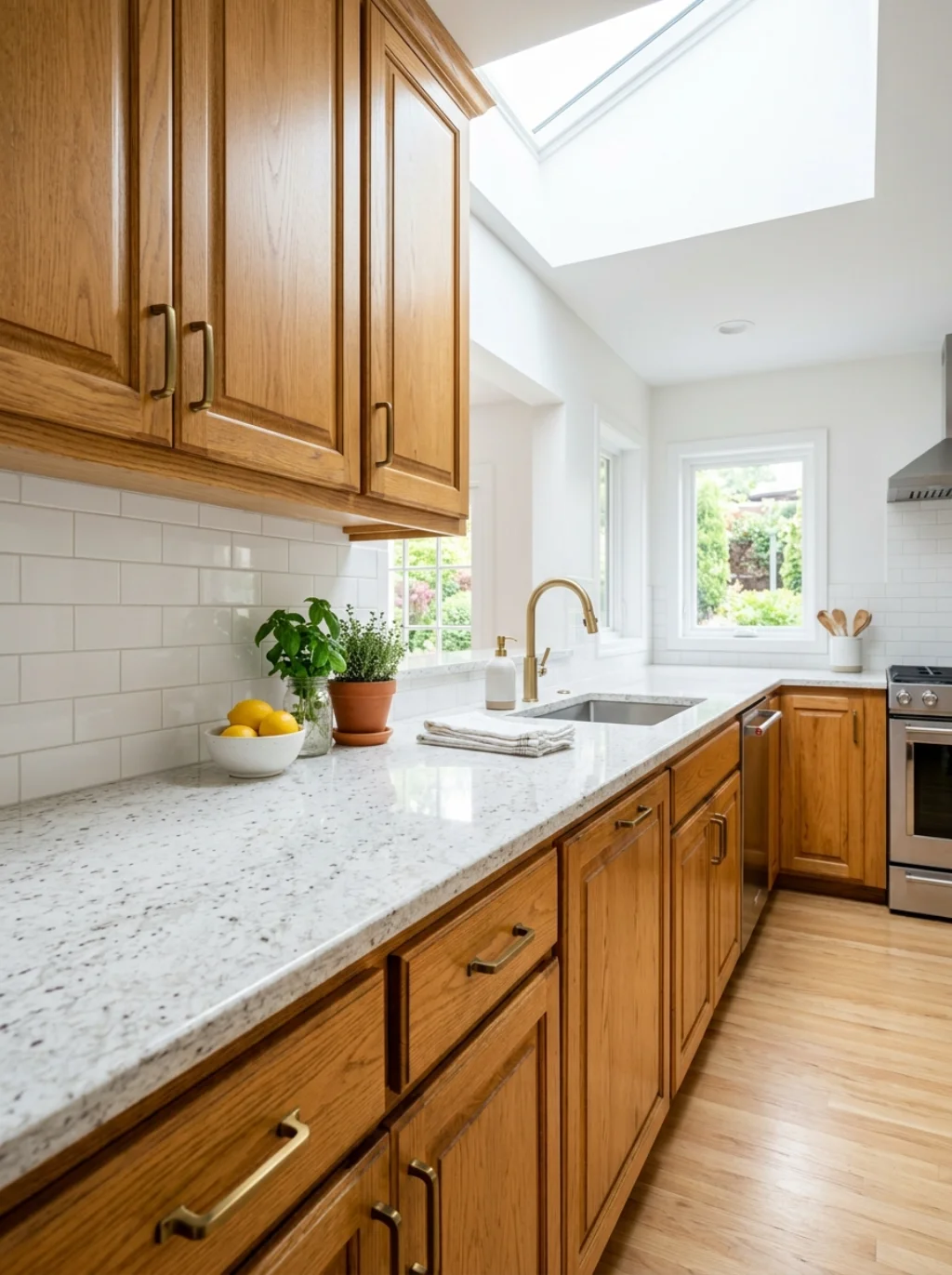 White Countertops Rescue Dated Oak Cabinets From the Past