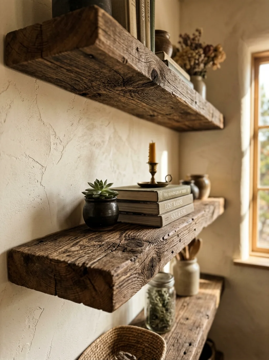 Reclaimed Wood Shelving Brings Warmth Into An Otherwise Overlooked Corner